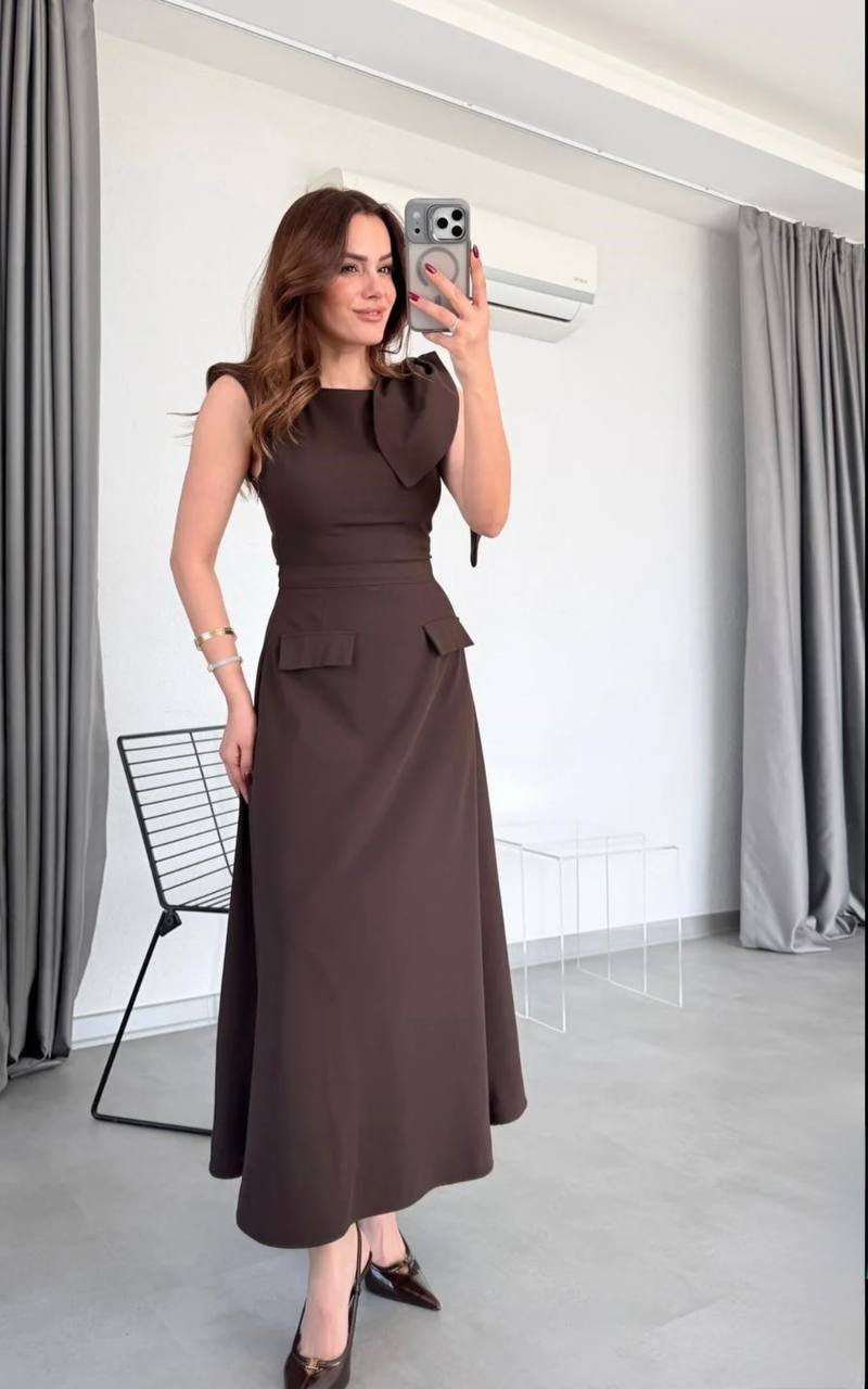 Msy Robe Longue Élégante Poches Latérales Nœud Épaule Sans Manches