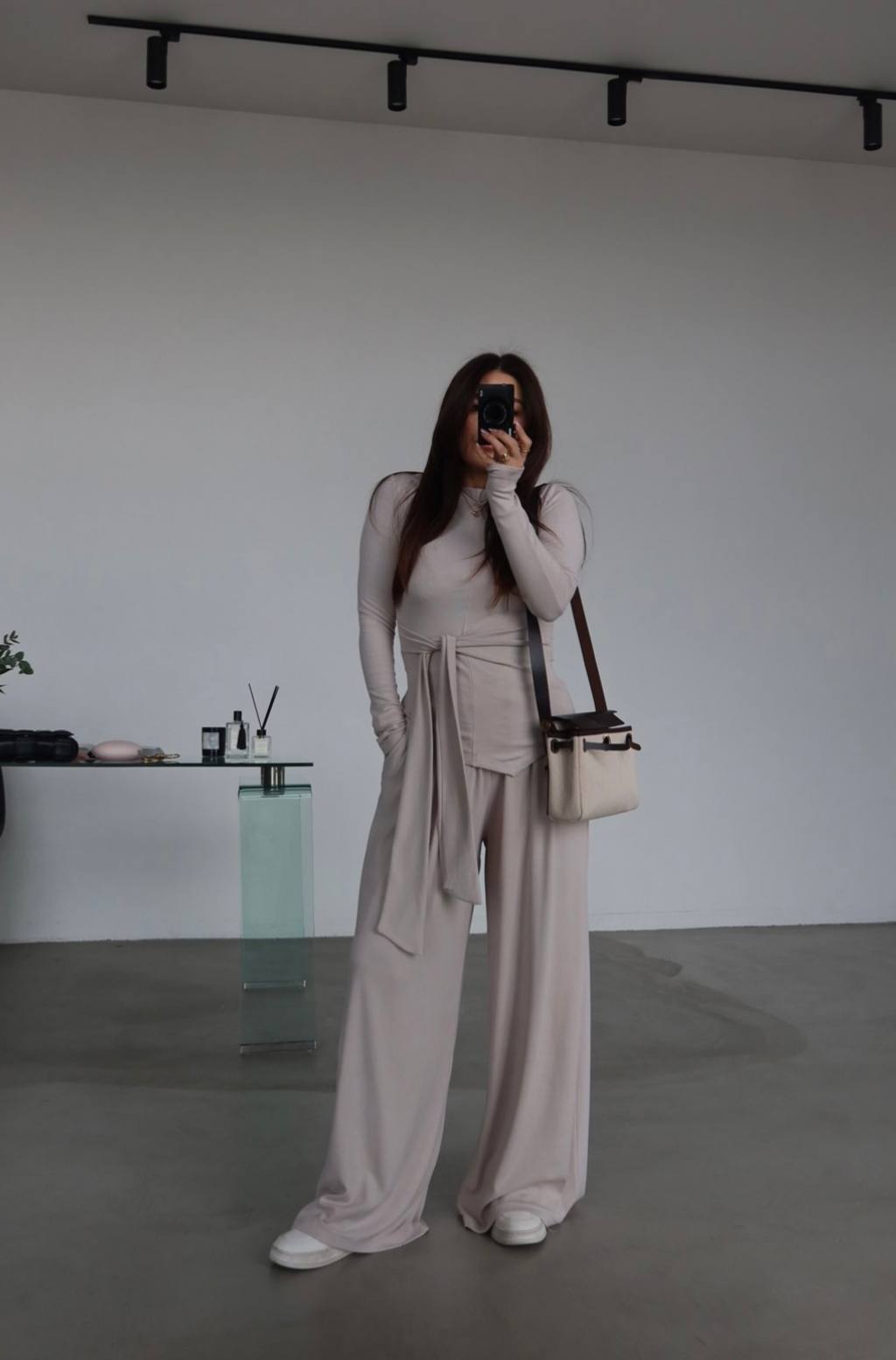 Msy Ensemble 3 Pièces Gilet Long Ceinturé + Top + Pantalon Palazzo Beige