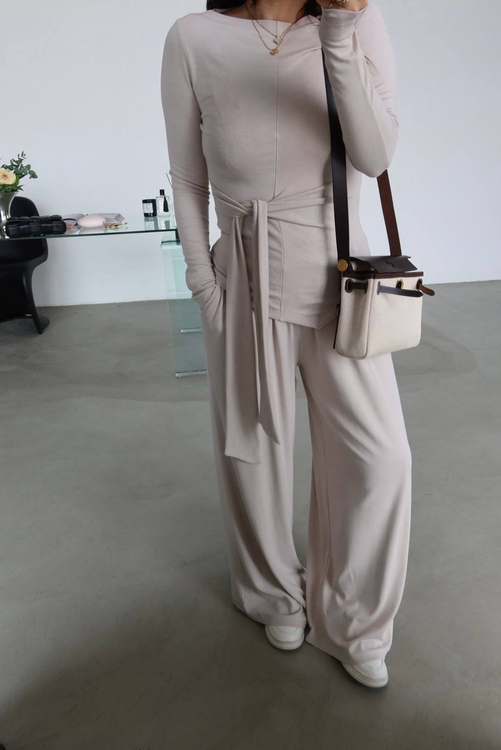 Msy Ensemble 3 Pièces Gilet Long Ceinturé + Top + Pantalon Palazzo Beige