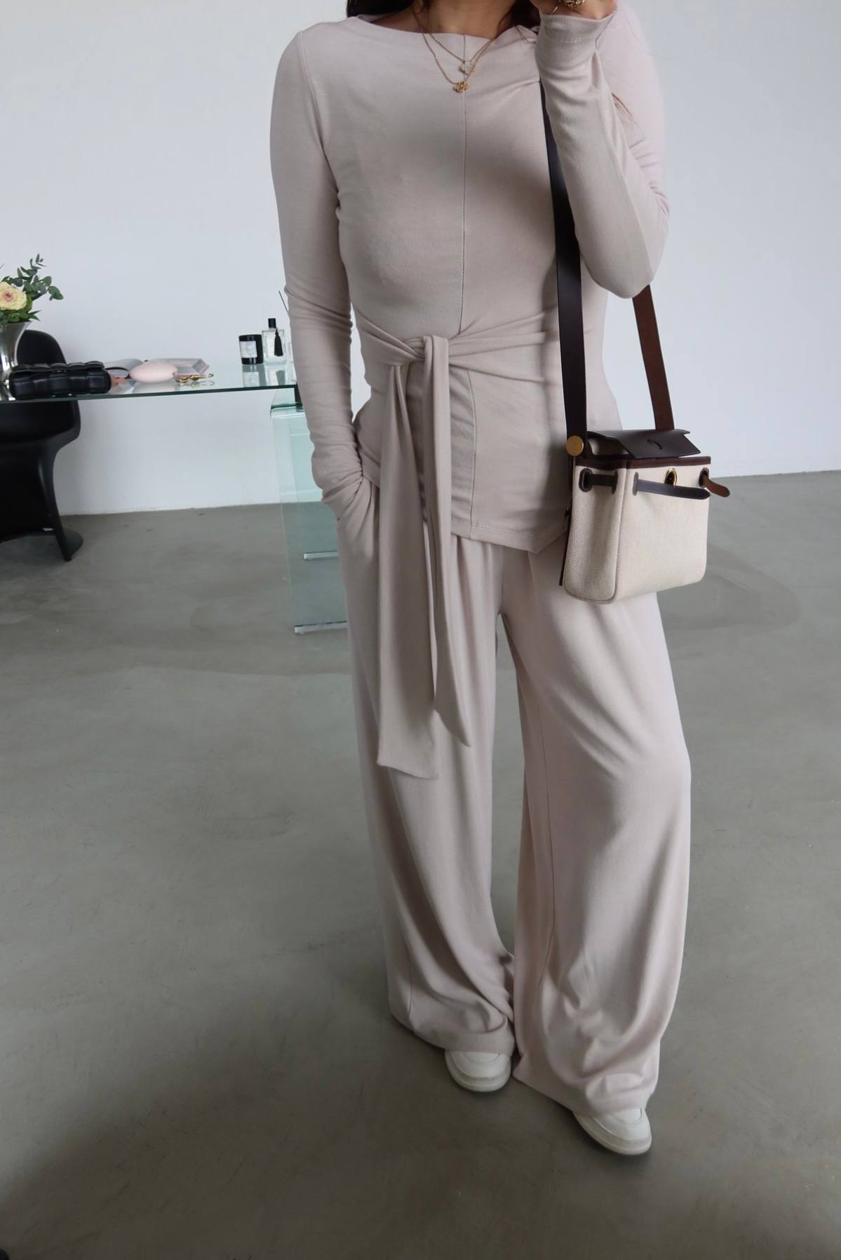 Msy Ensemble 3 Pièces Gilet Long Ceinturé + Top + Pantalon Palazzo Beige