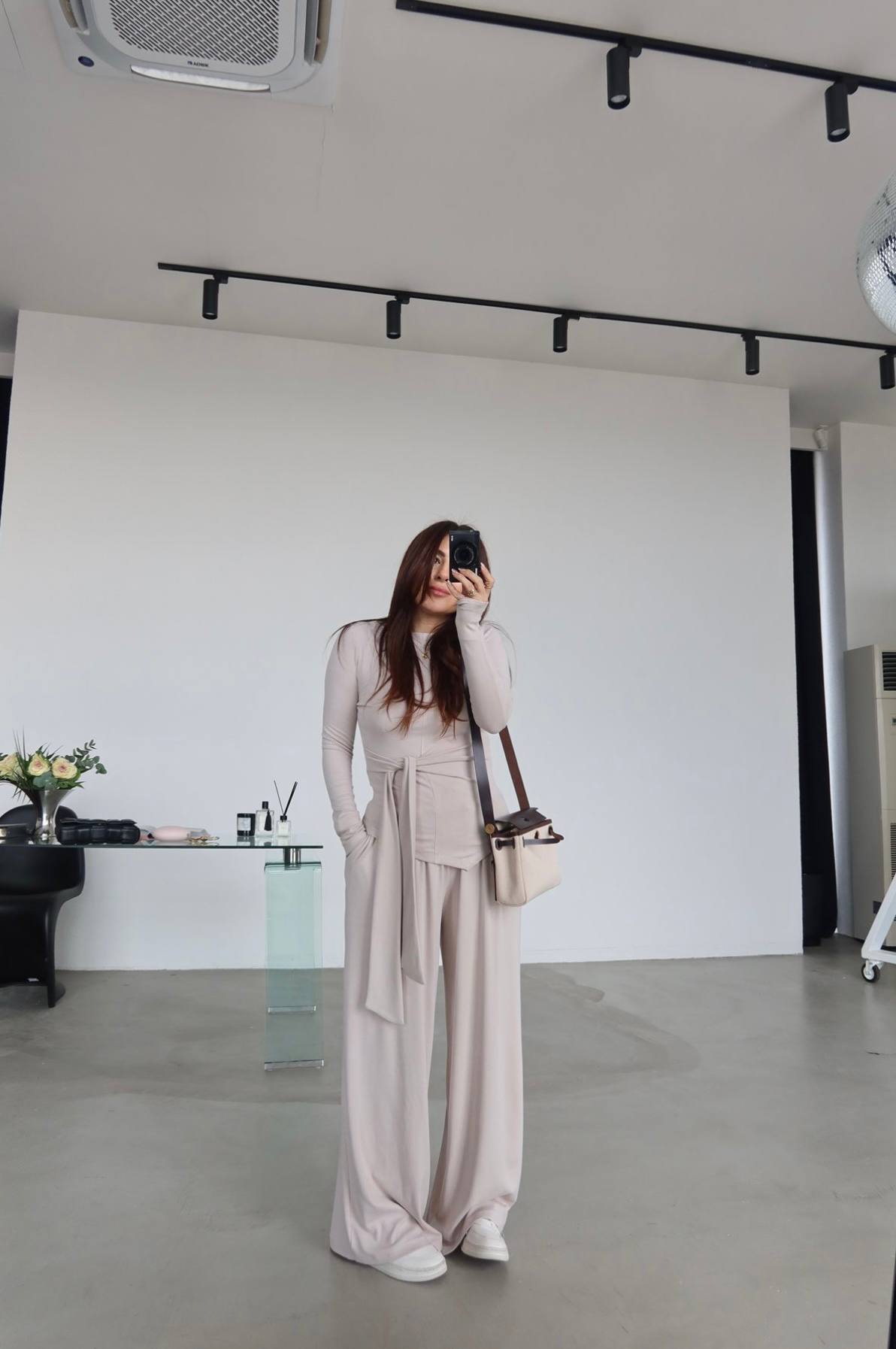 Msy Ensemble 3 Pièces Gilet Long Ceinturé + Top + Pantalon Palazzo Beige