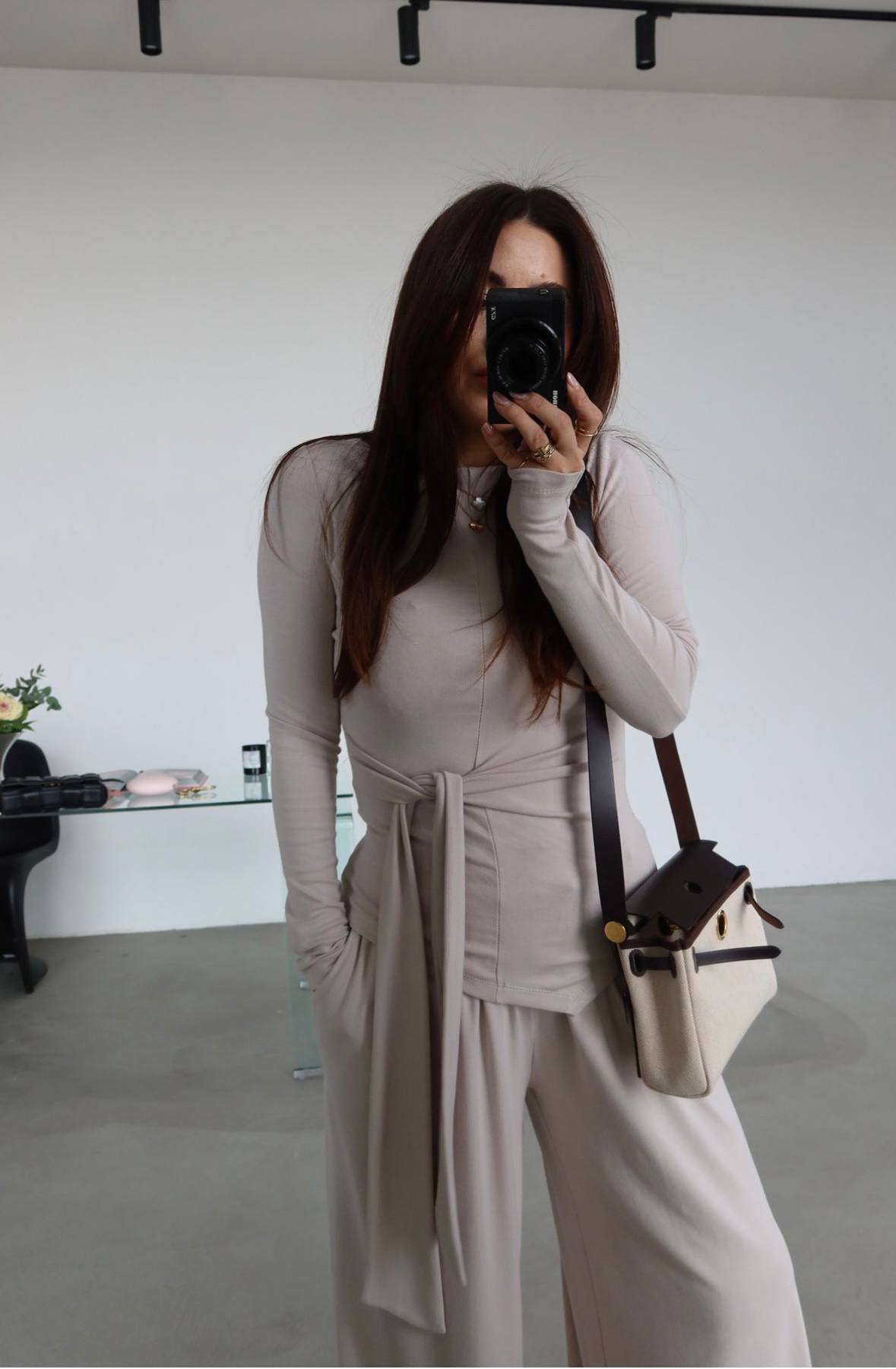 Msy Ensemble 3 Pièces Gilet Long Ceinturé + Top + Pantalon Palazzo Beige