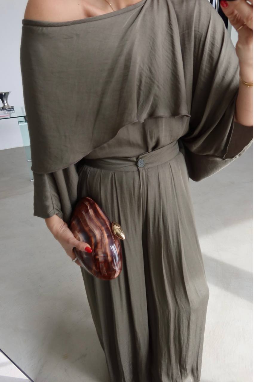 Msy Ensemble Cape Oversize Fluide & Pantalon Palazzo Taille Haute Kaki