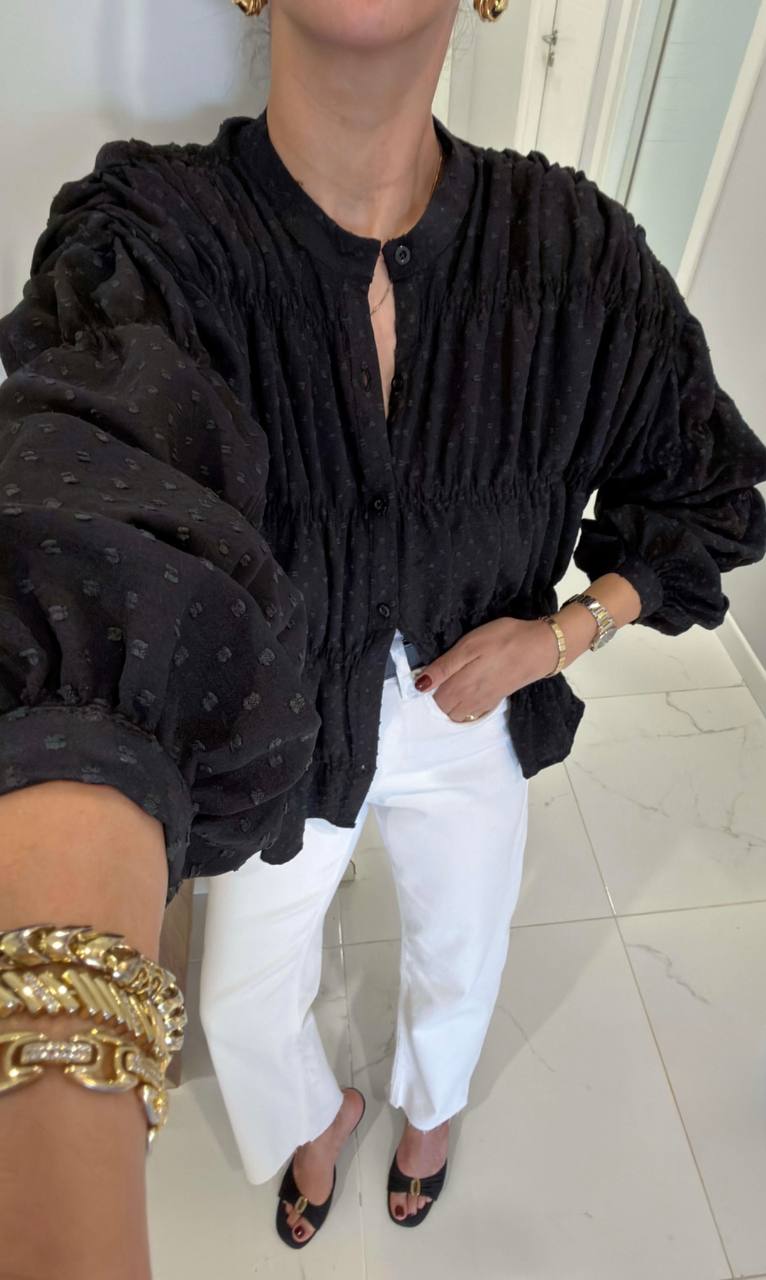 Msy Blouse Pois Manches Bouffantes Col V Boutons Romantique